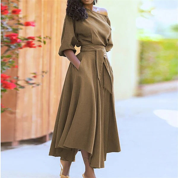Chic Elegant Solid Color Slash Shoulder Belt Irregular Dress 7