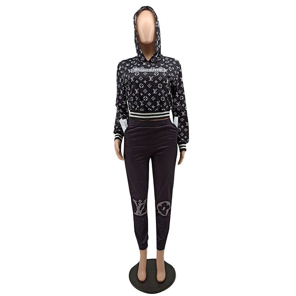 Women's Casual Fashion Ribbed Pocket Hoodies Two-Piece Pants Set 11