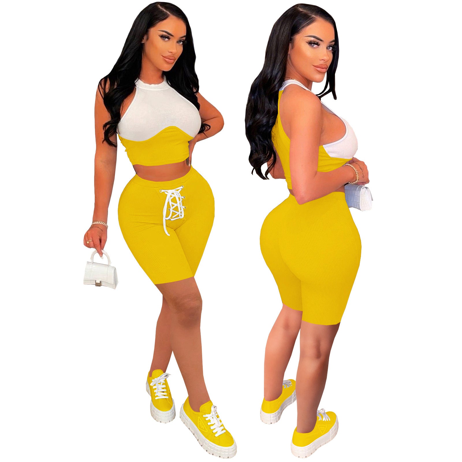 Summer Sexy Solid Colorblock Knitted Crop Top Shorts Two-Piece Set