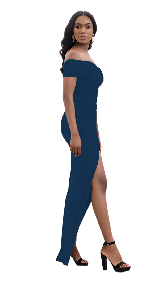 Solid Color Off Shoulder Slit Long Dress 13