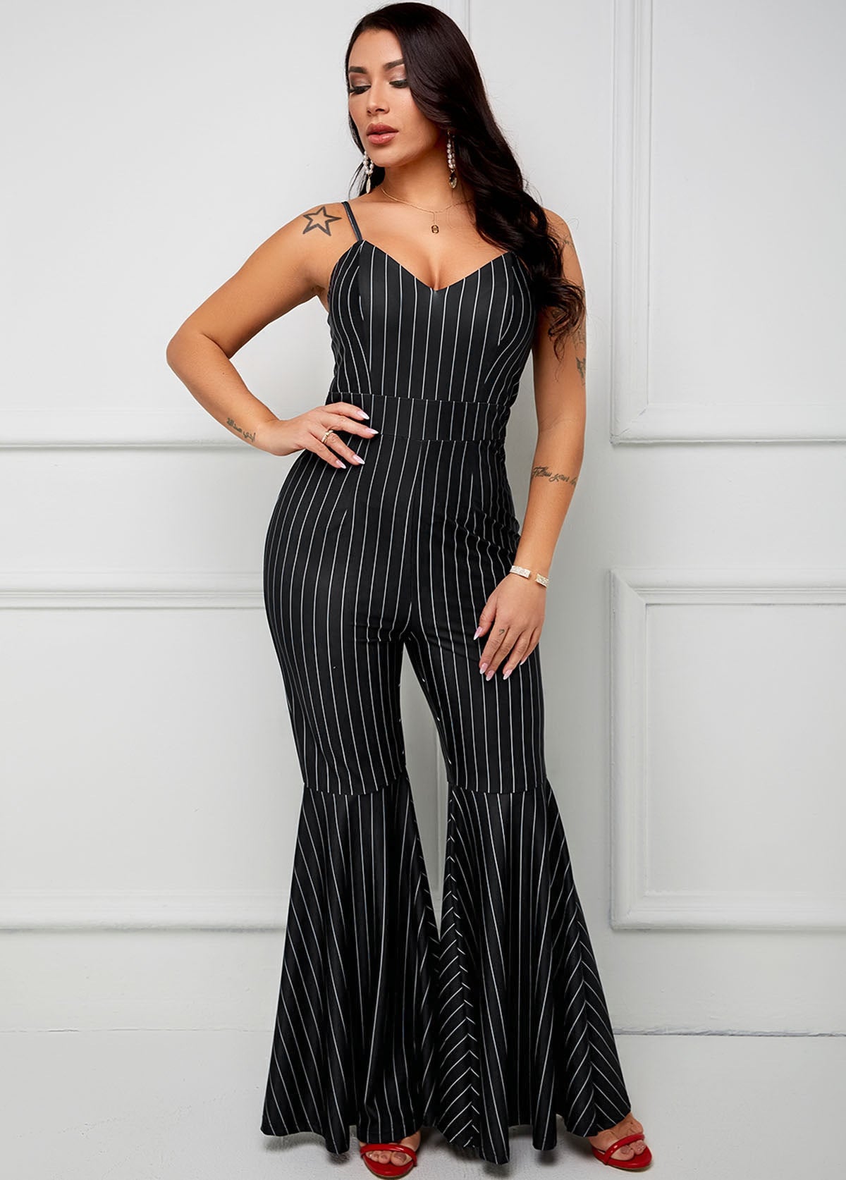 Sexy Fashion Straps Strap Stripes Bell Bottom Women's Jumpsuit 3