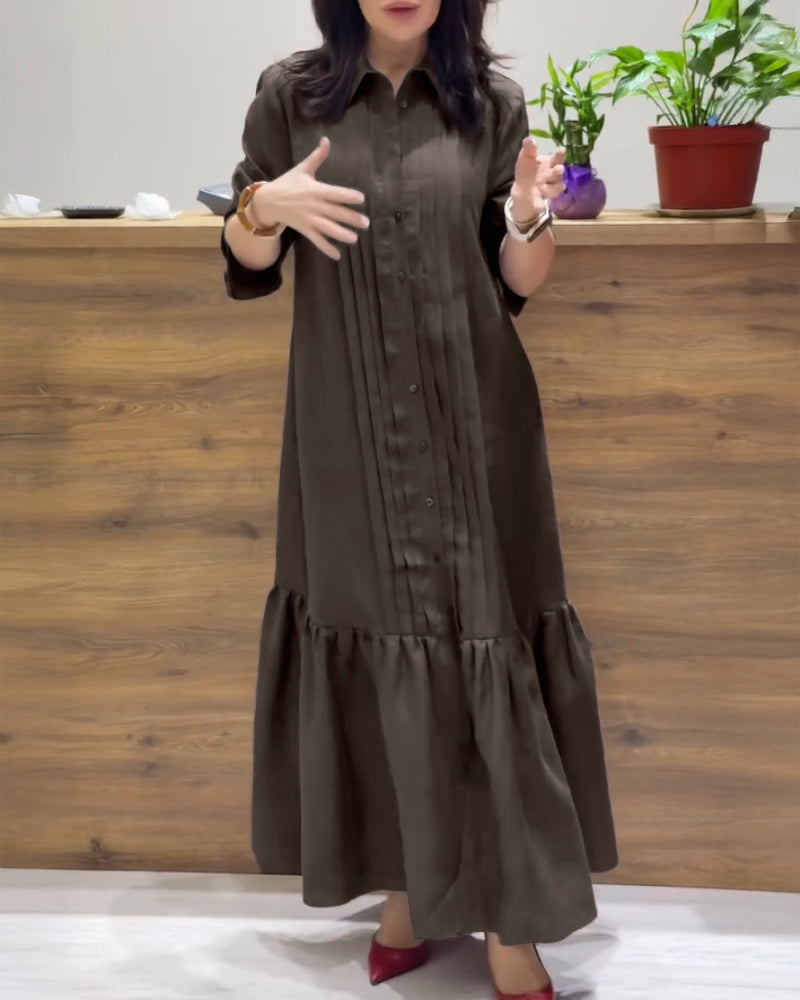 Solid Linen Pleated Patchwork Flounce Hem Casual Dress
