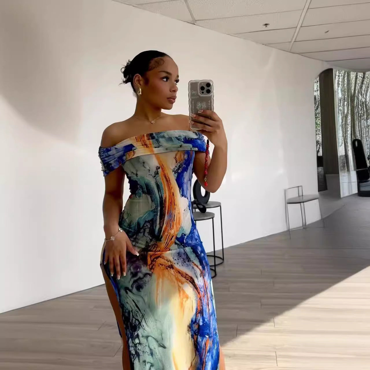 Women Multi-Color Printed Off Shoulder Sexy Slit Dress 4