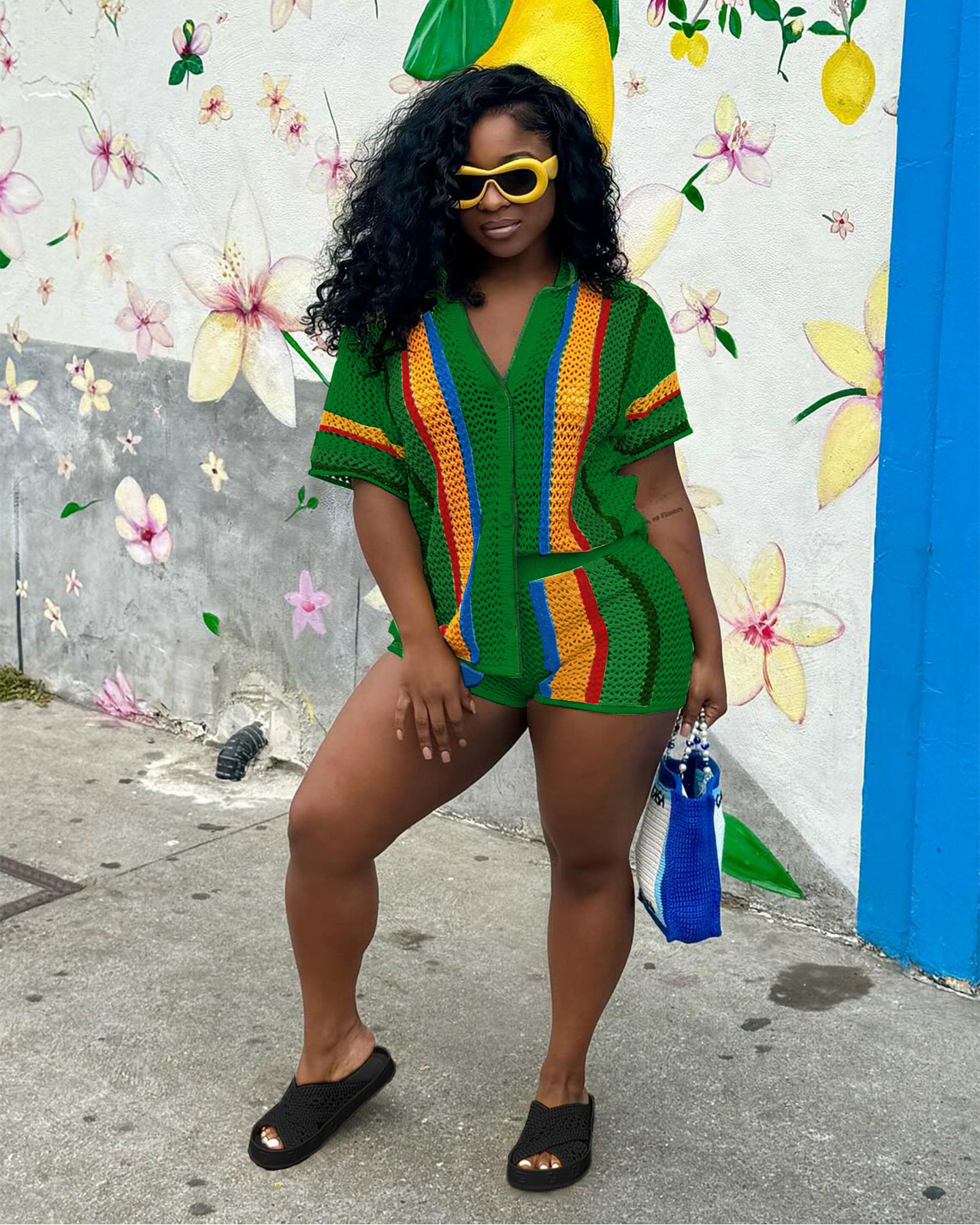 Women's Sexy Hollow See-Through Turndown Collar Knitting Two Piece Shorts Set 6