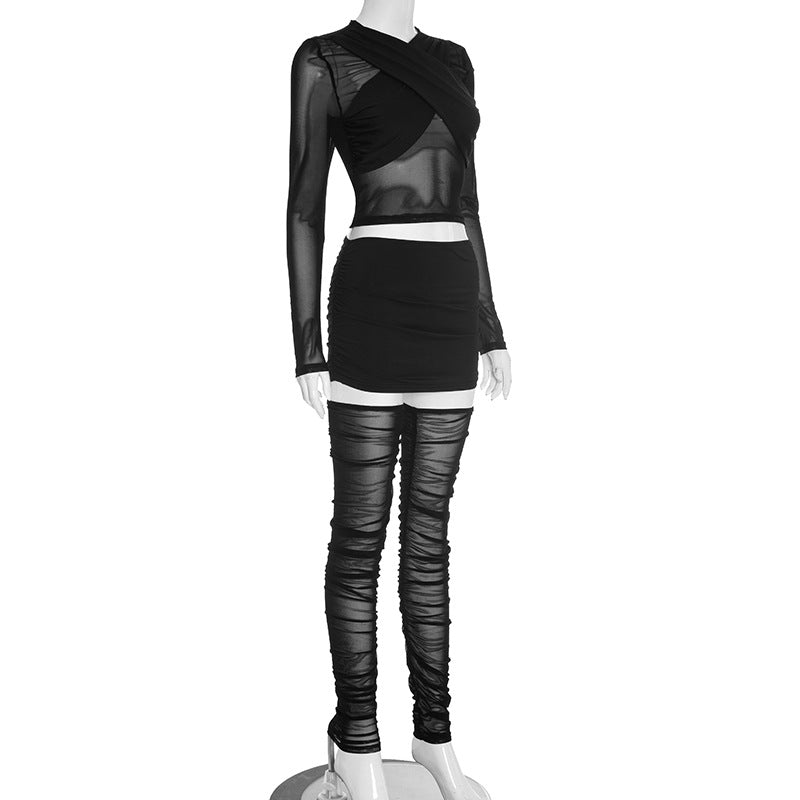 Women Autumn/Winter Cross-Gathered Double-Collared Top and See-Through Mesh Skirt with Three-Piece Knee Pads 6