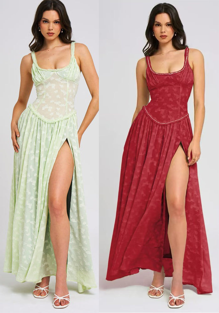 Women Sexy Floral Strap High Slit Long Dress