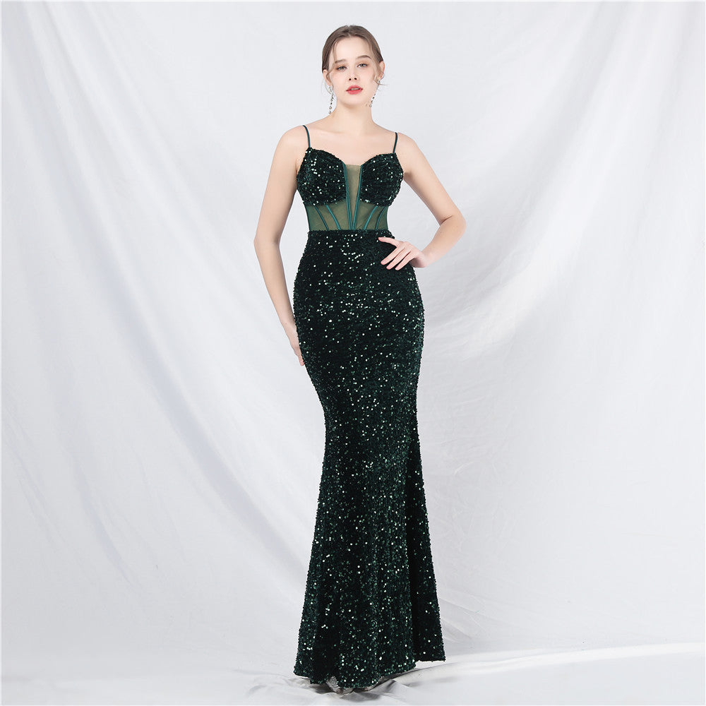 Luxury Strap Fishbone Slim Waist Mesh Sequin Evening Dress 9