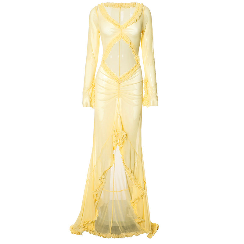 Women Hollow Gathered Lace Dress 15