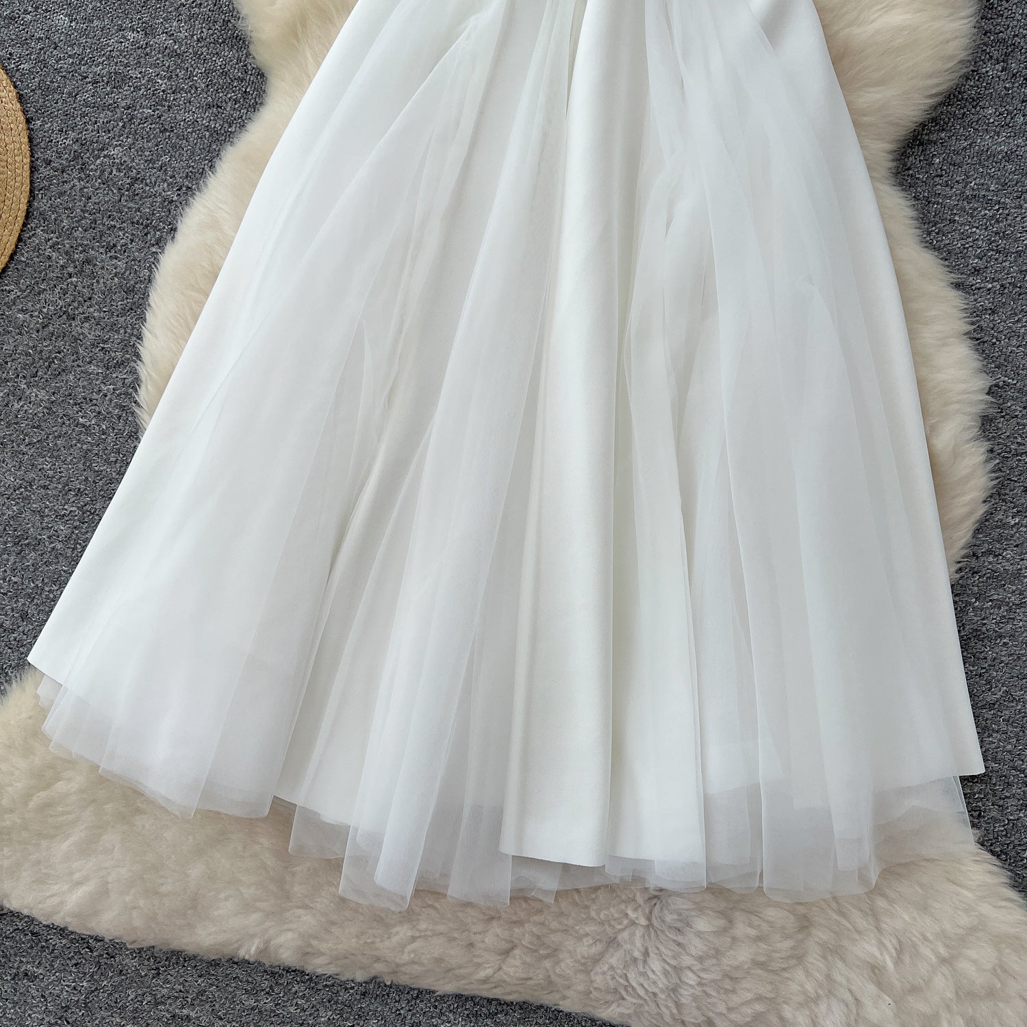 Women's Summer Square Neck Strap Mesh Patchwork Puffy Long Dress 14