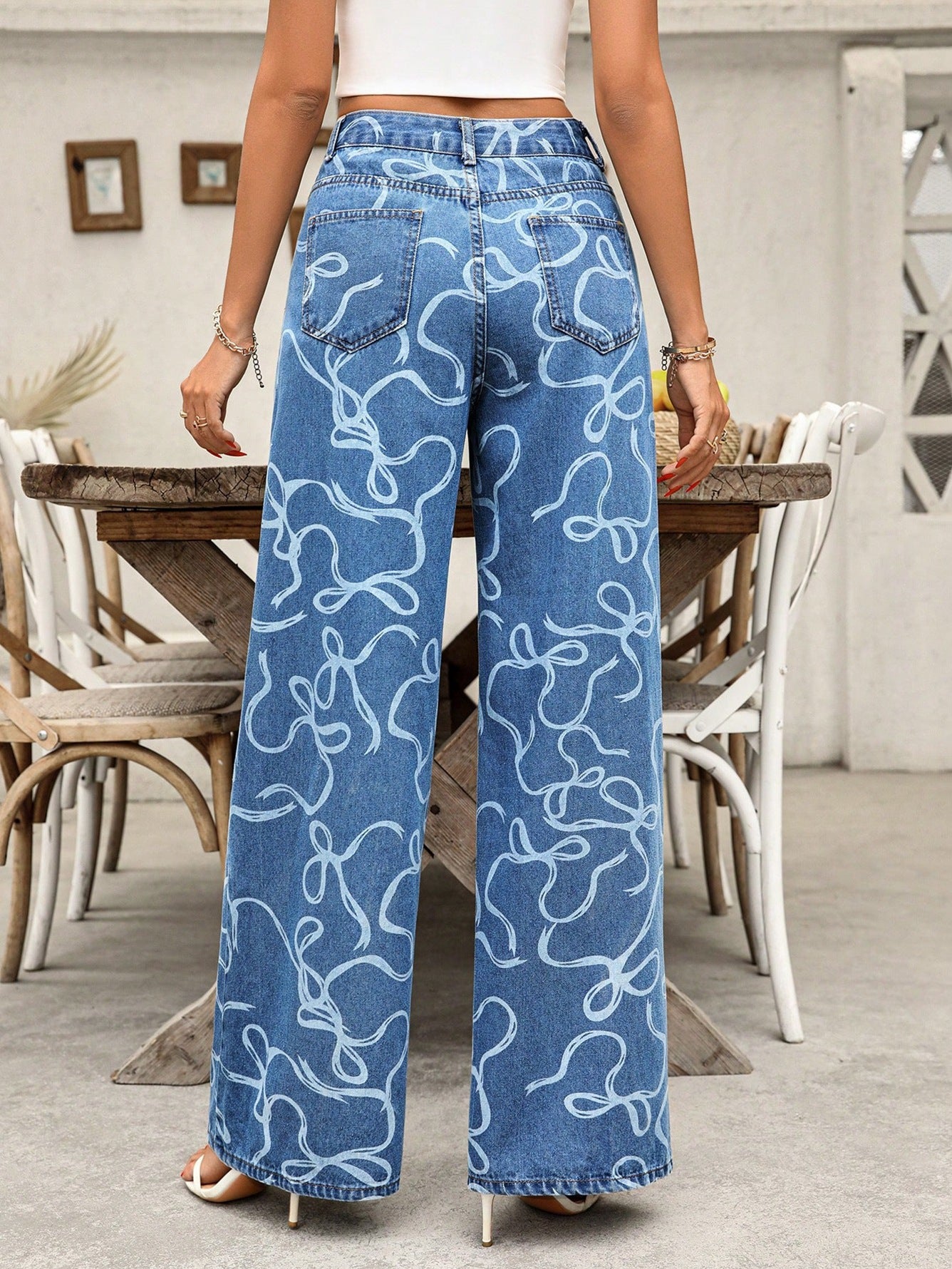Women Casual Printed Denim Wide-Leg Pants