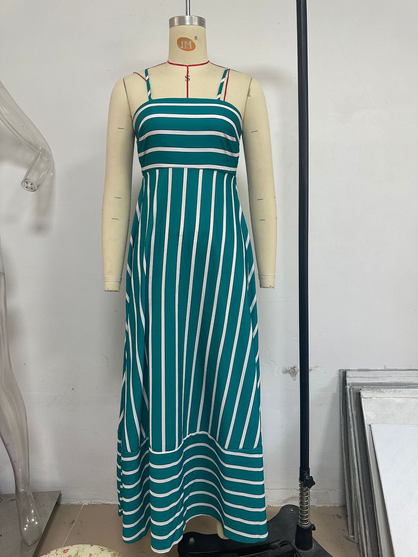 Fashionable Striped Strap High Waist A-Line Long Dress 9