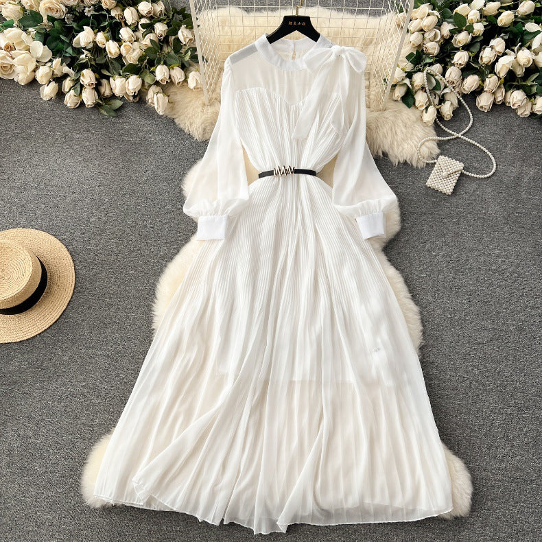 Spring Women's Bow Pleated Chiffon Puff Sleeve Long Dress 5