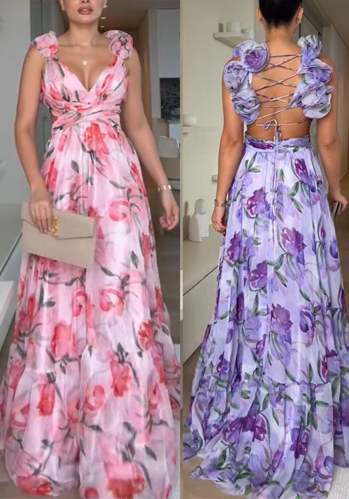 Spring/Summer Chiffon Ruffle Print Pleated Holiday Dress for Women