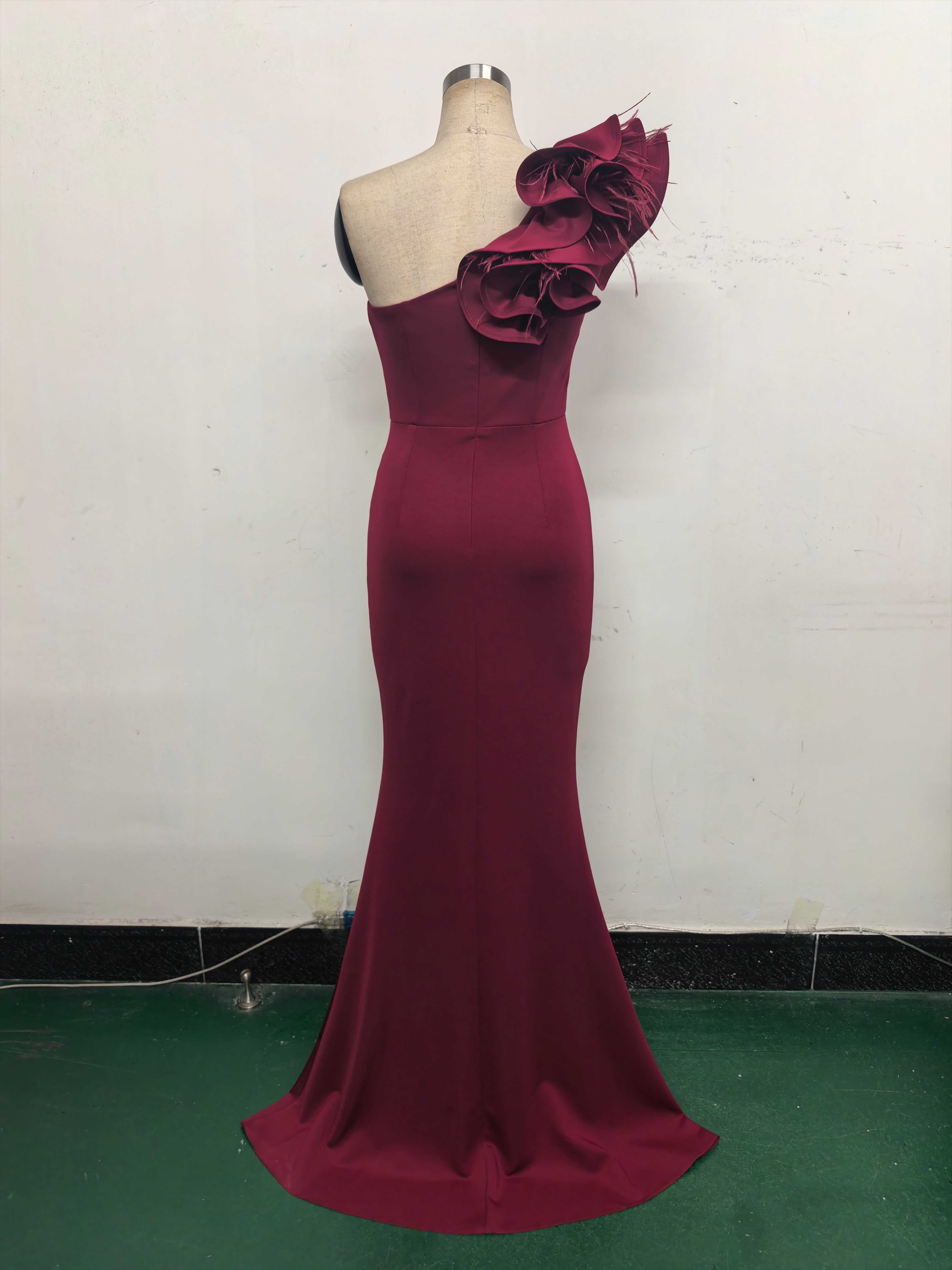 Women One-Shoulder Beaded Wool and Floral Satin Slit Sexy Evening Dress 29