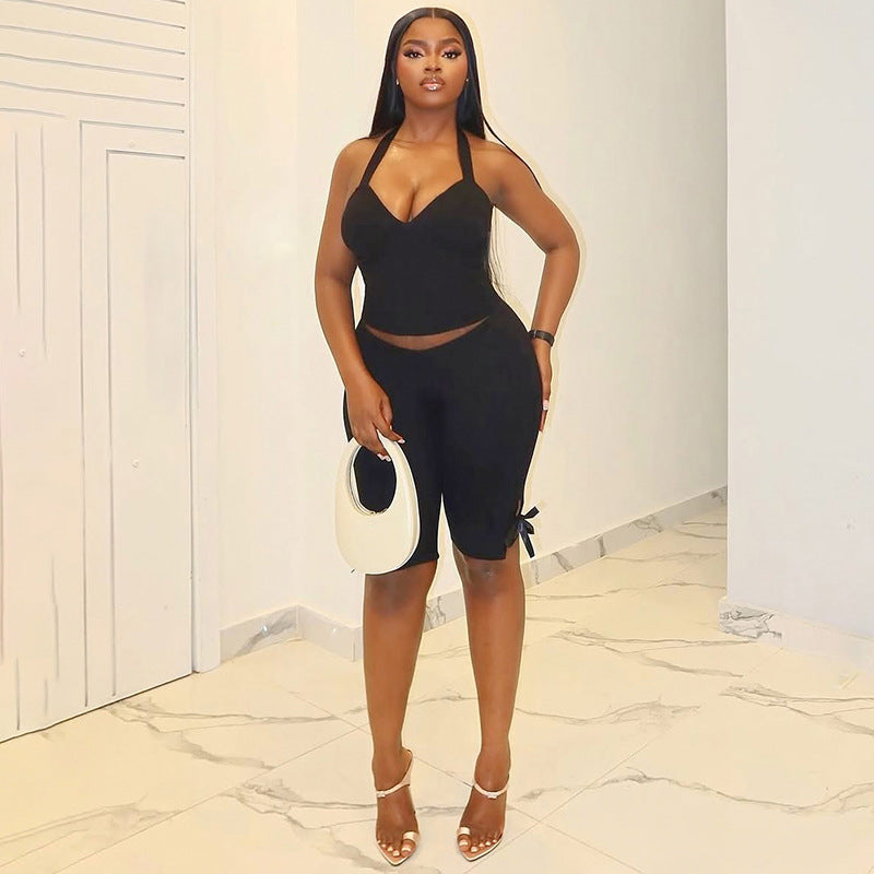 Women spring/summer Halter Neck drawstring strapless backless top and bow pants solid two-piece set 3