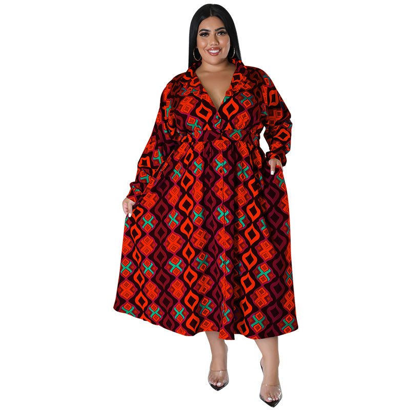 Plus Size Women Fall Long Sleeve Printed Casual Shirt Dress with Belt 8