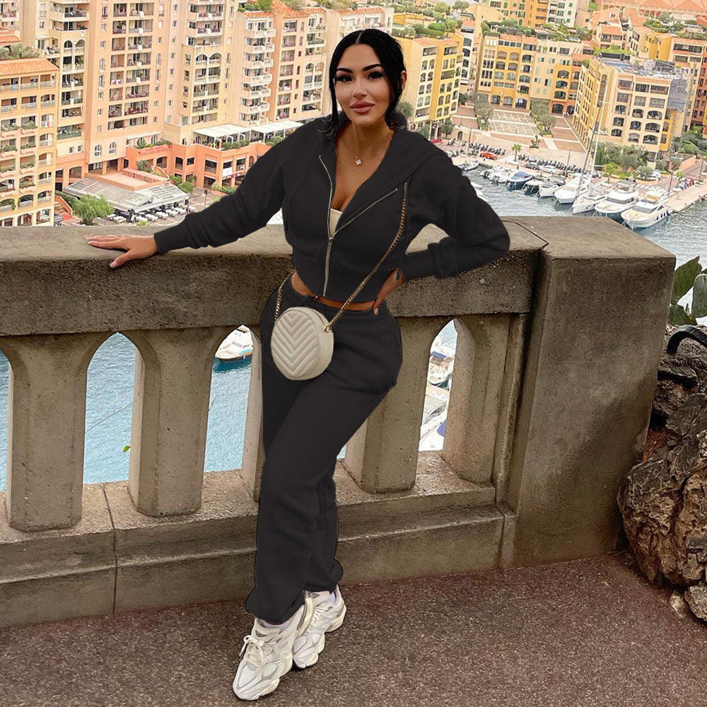 Women Solid Patchwork Ribbed Hooded Zipper Pocket Loose Jacket and Pants Two-piece Set 3