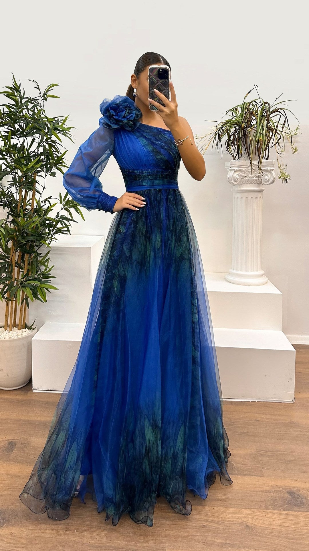 Women Slash Shoulder Mesh Print Dress 4