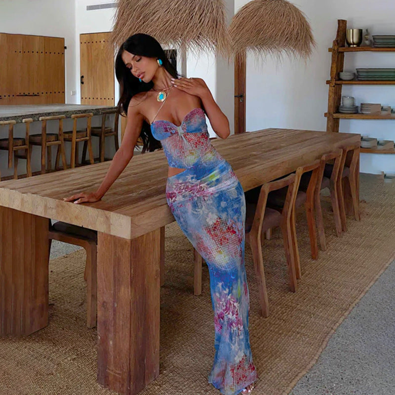 Printed Hollow Sexy Strapless Summer Slim Long Dress