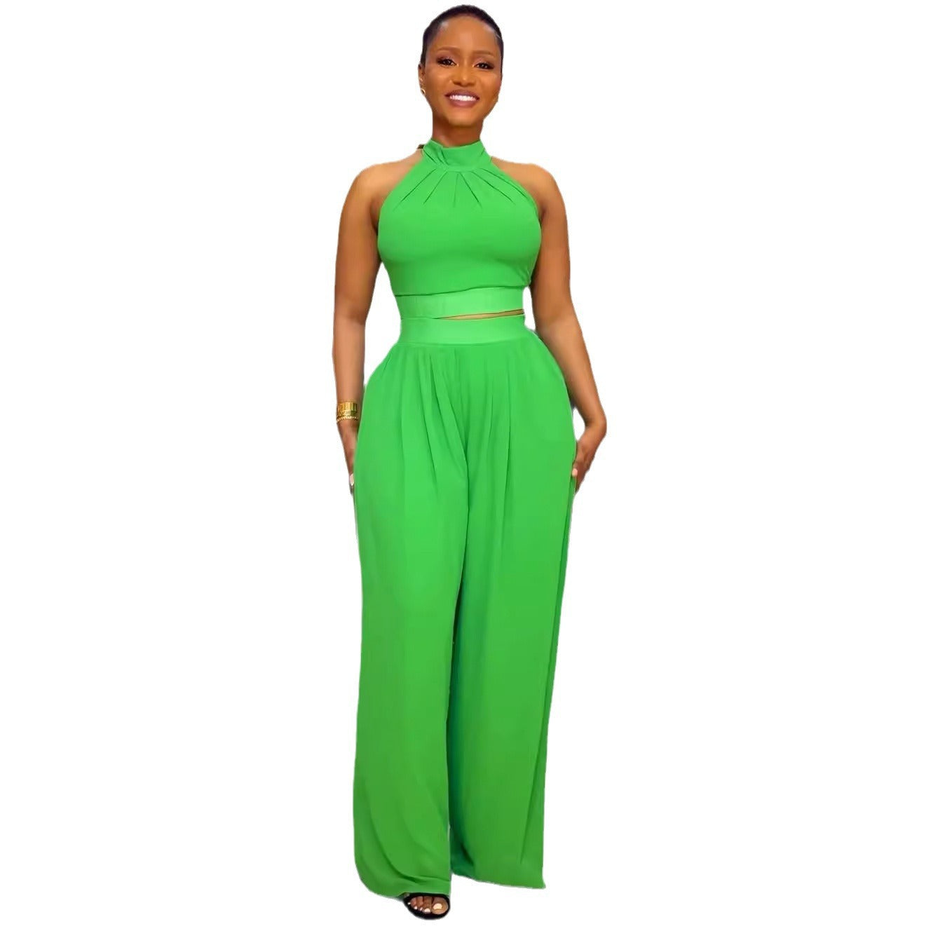 Women Sexy Pleated Sleeveless Top Wide Leg Pants Two-piece Set 10