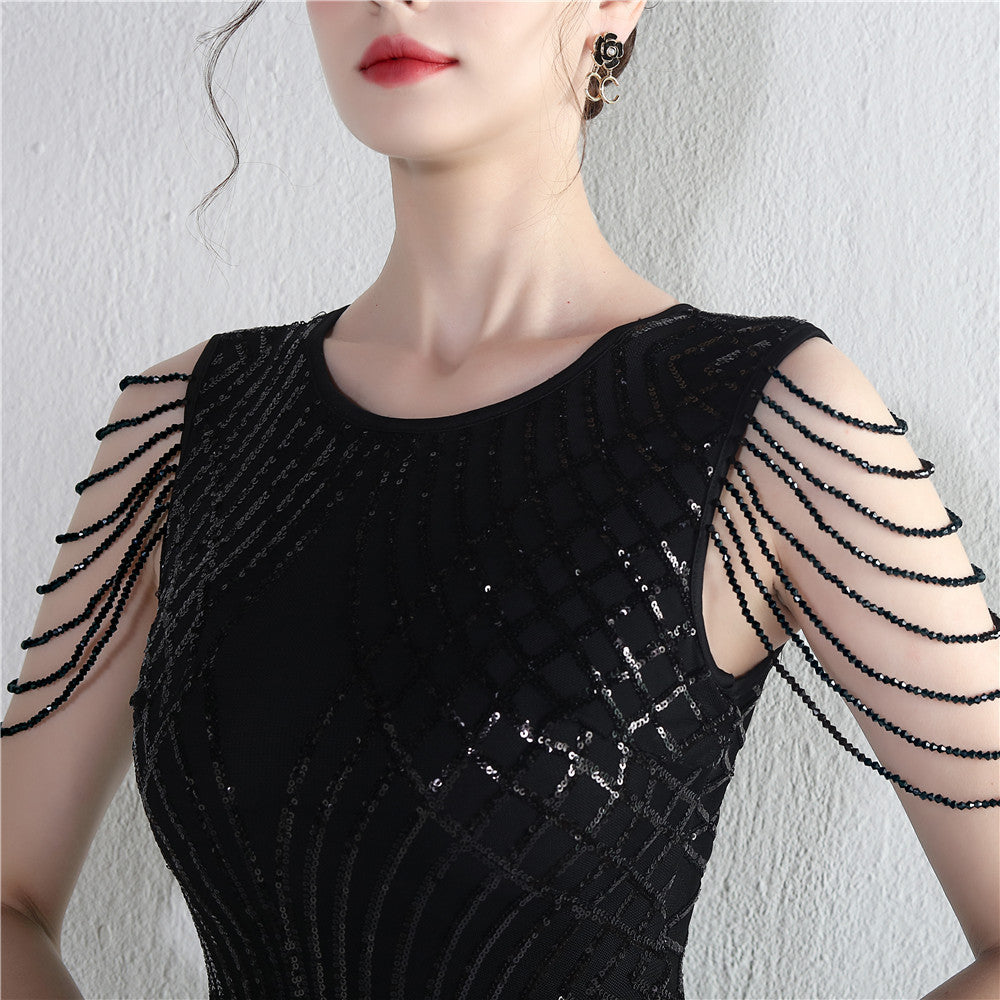 Decorative Crystal Diamond Chain Sequin Embroidery Stripe Positioning Flower Dinner Ceremony Long Evening Dress 18