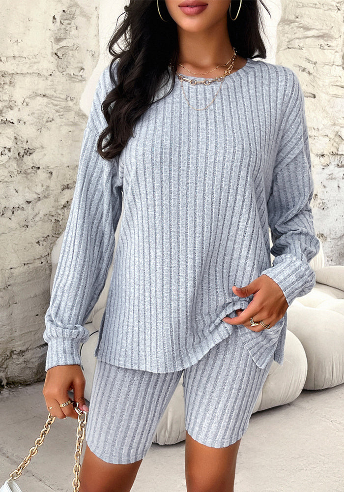 Women Autumn and Winter Casual Long Sleeve Top and Shorts Two-piece Set