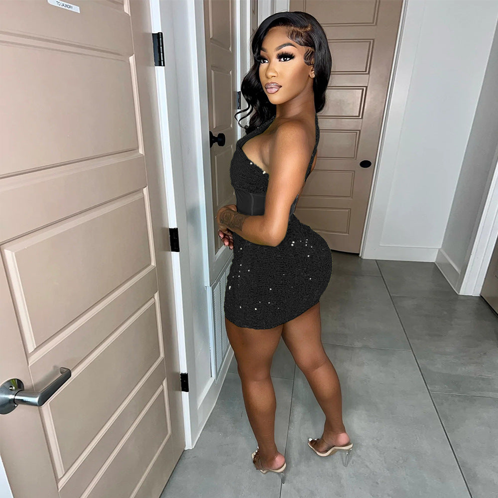 Sexy Slash Shoulder Sequin Patchwork Polyester Mesh Club Party Bodycon Dress Women 6