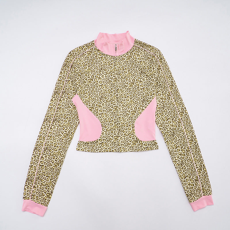 Women's Leopard Print Color Block Long Sleeve Zipper Coat Drawstring Shorts Two-Piece Set 22