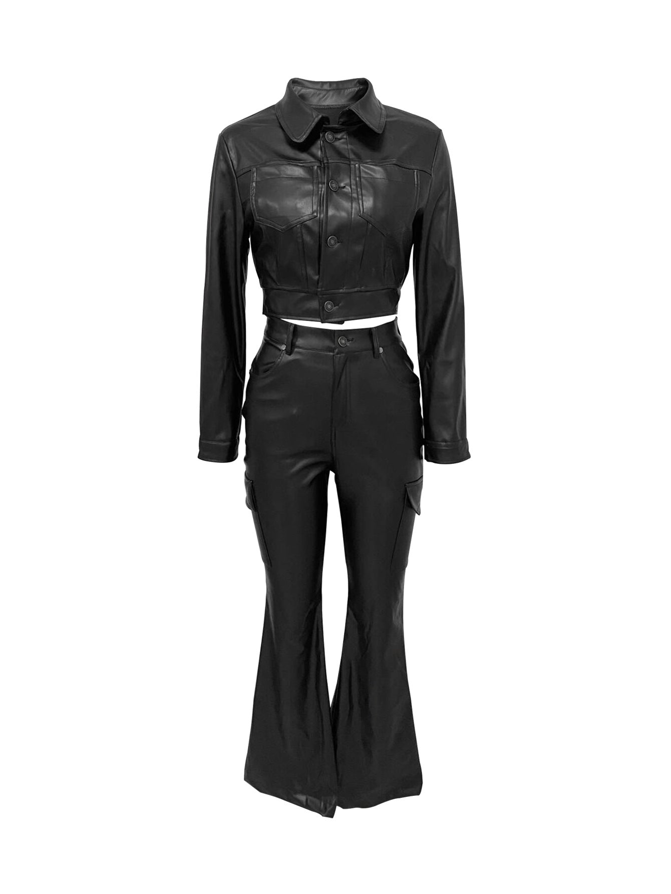 Autumn Winter Suit Leather Jacket Pants Two Piece Set 9