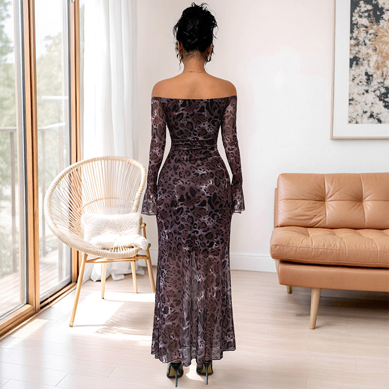 Women's Off Shoulder Long Sleeve Mesh Leopard Print Party Dress 3