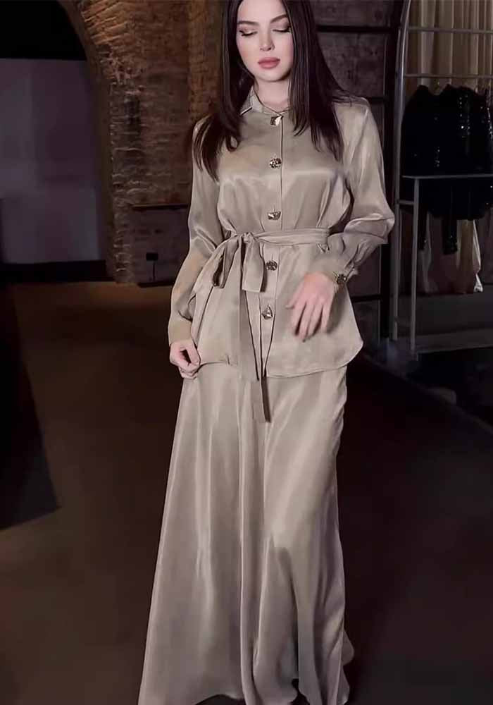 Women lace-up shirt and elegant skirt two-piece set