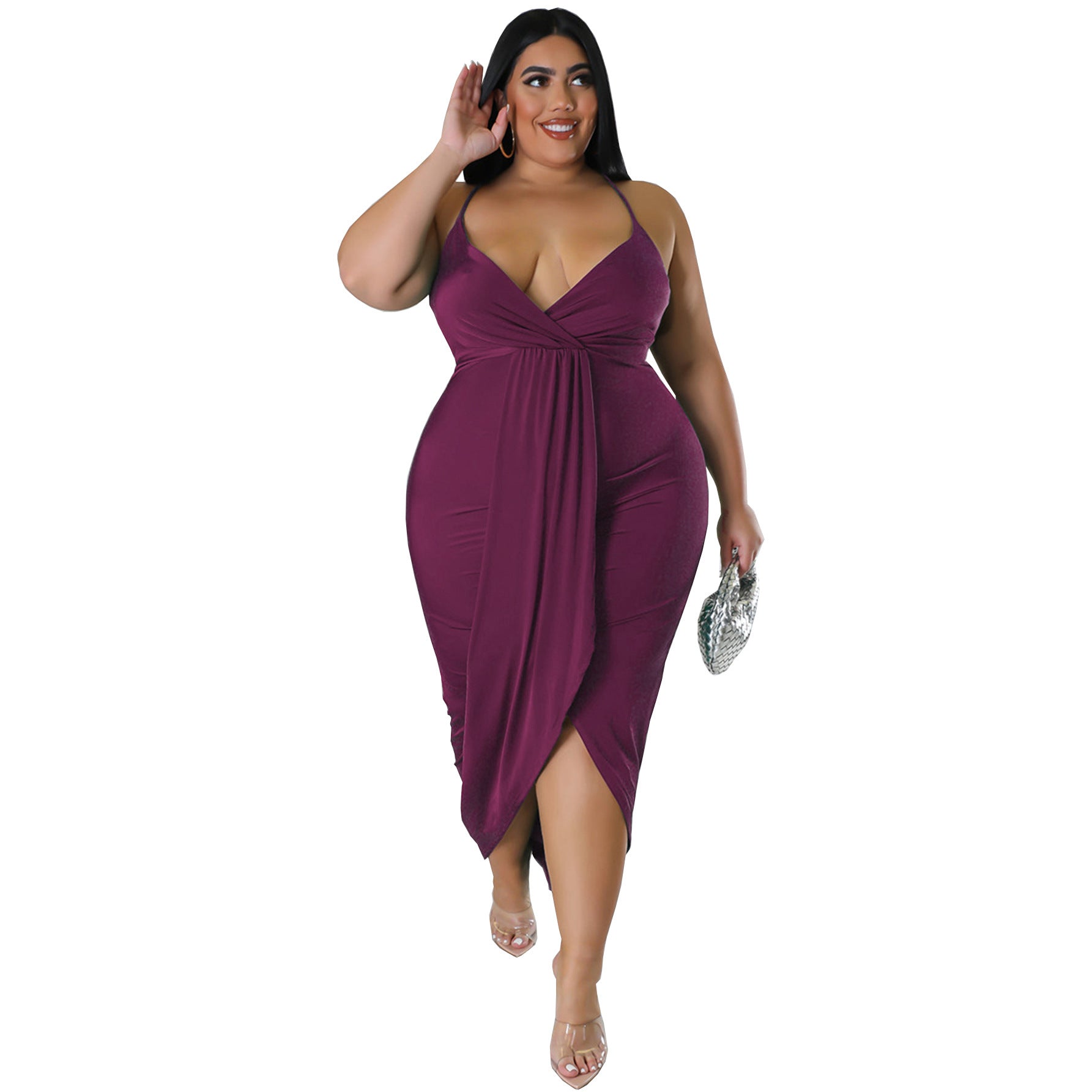 Women's Plus Size Solid Strap Sleeveless V-Neck Long Dress