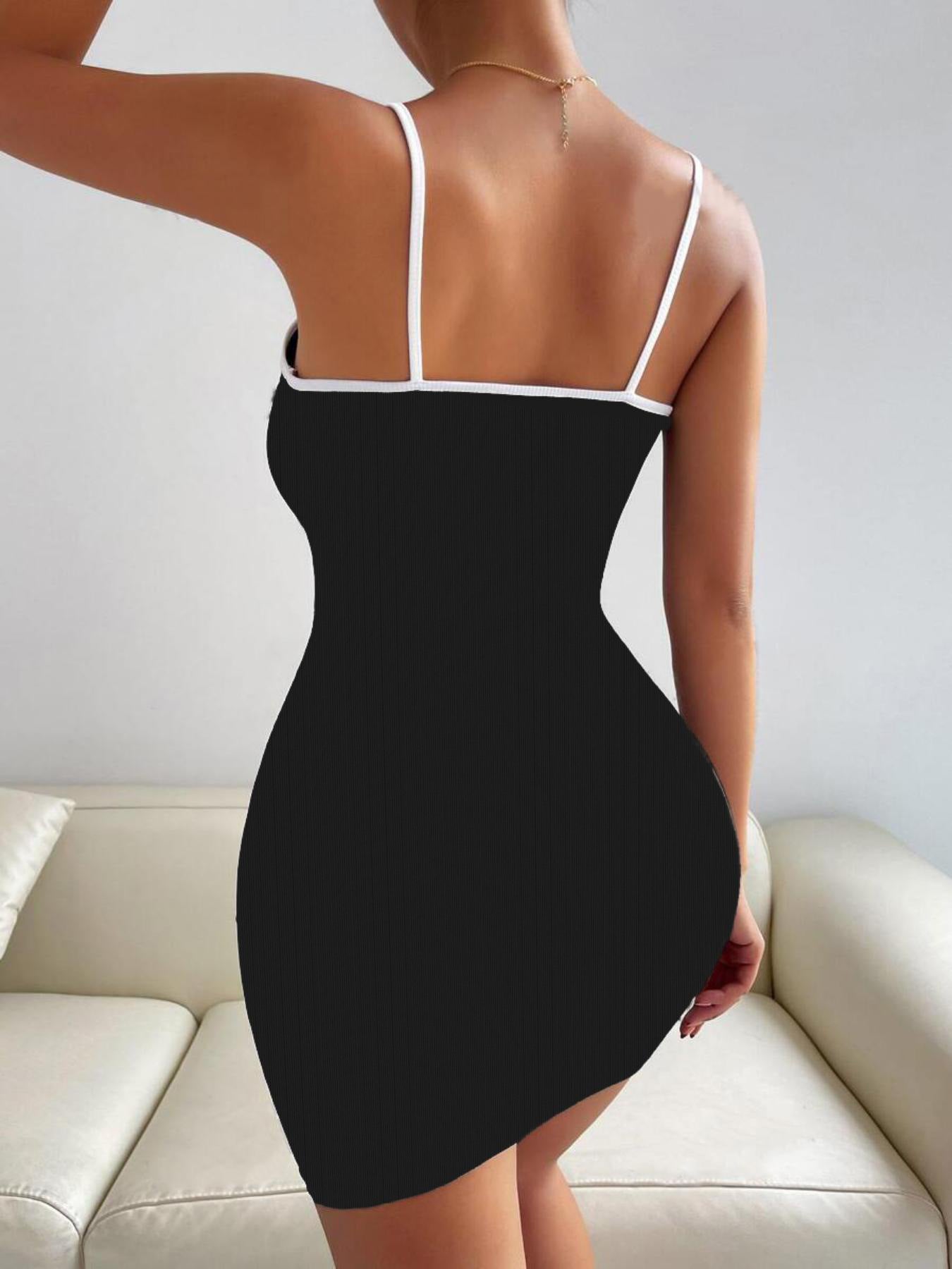 Women's Cross-Strap Hollow-Out Bodycon Slim-Fitting Black White Patchwork Sexy Short Dress 4