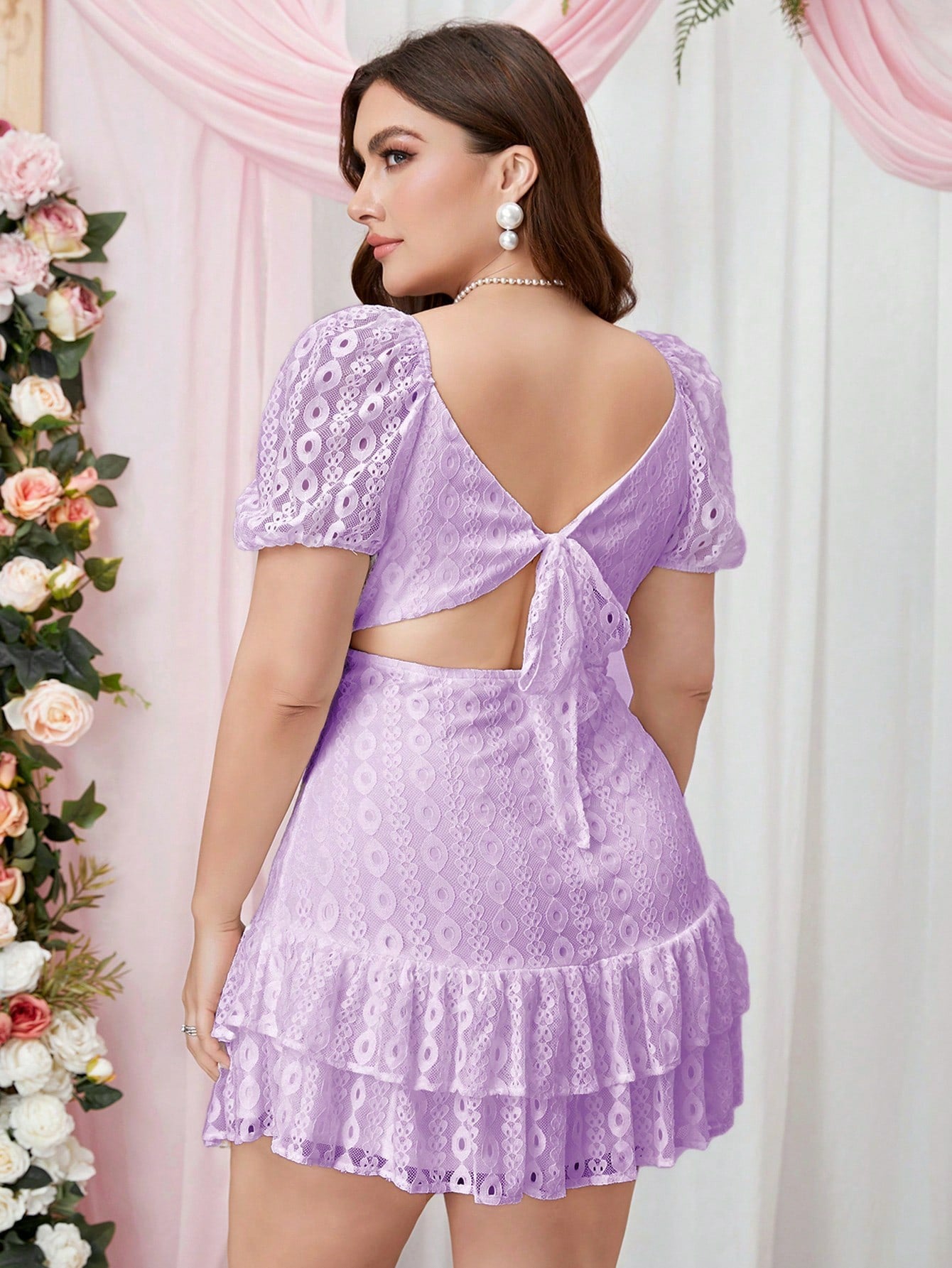 Plus Size Women Summer Short Sleeve V-neck Hollow Puff Sleeve Dress 14