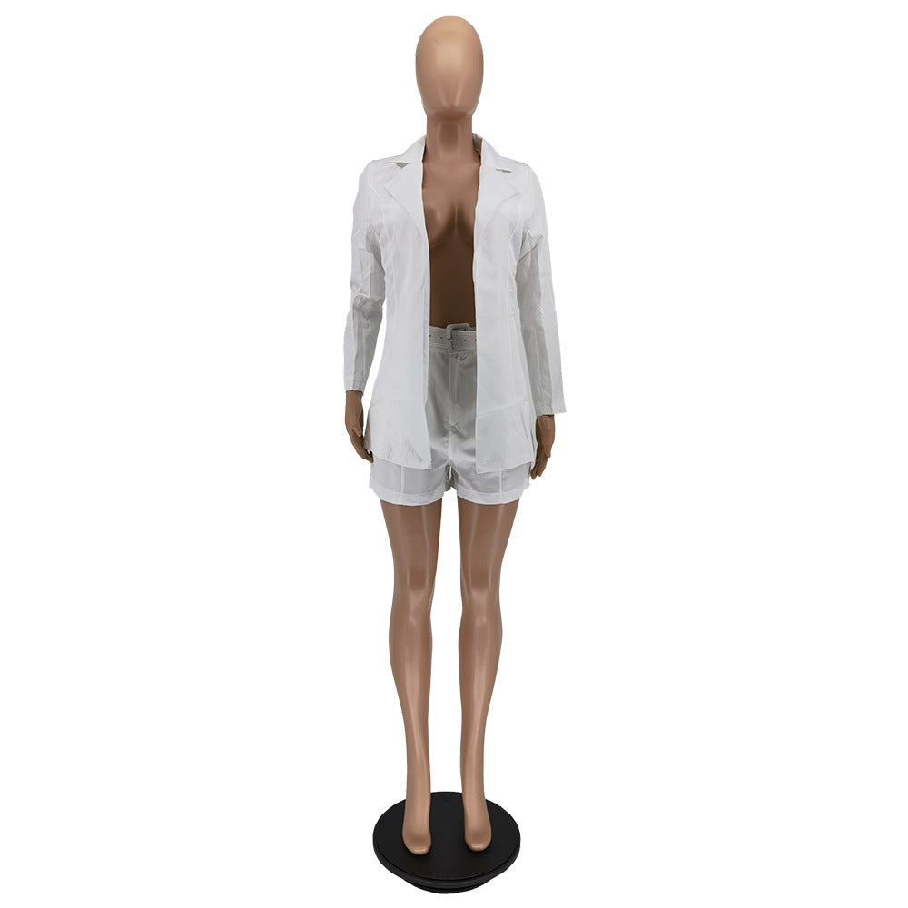 Women Solid Blazer and Shorts Two-Piece Set with Belt 34