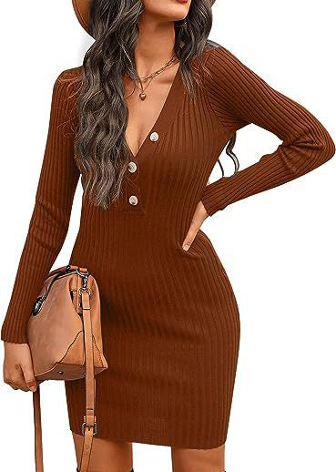 Women Knitting Fall and Winter Long Sleeve Bodycon V Neck Basic Sweater Dress 10
