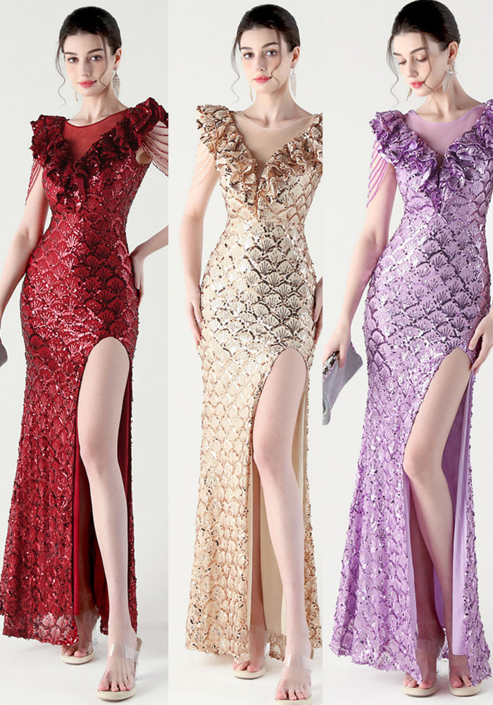 Women Floral Mesh See-Through Slit Mermaid Evening Dress