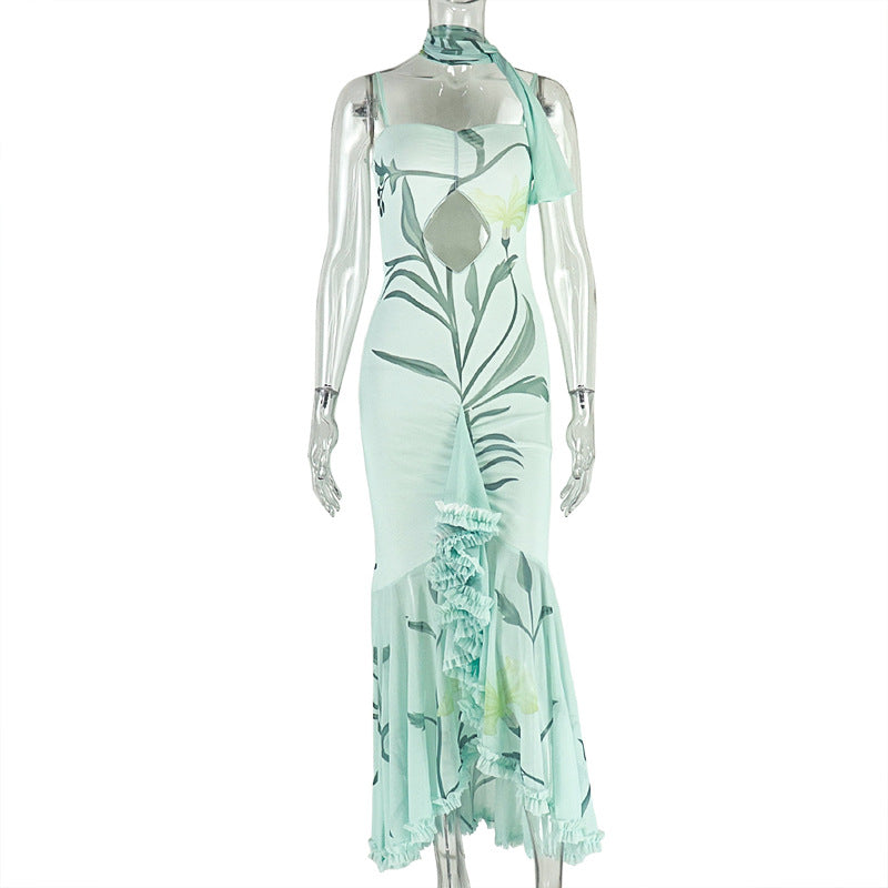 Women printed elegant ruffled Bodycon suspender sleeveless dress 6