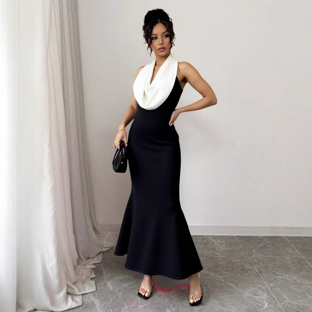 Women summer contrast color Halter Neck sleeveless dress 4