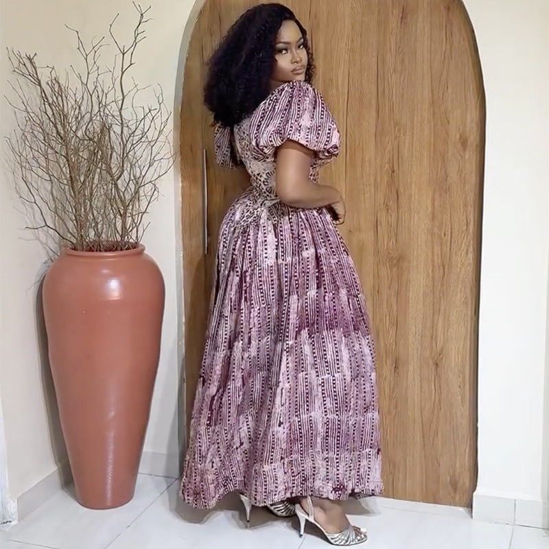 Women's Summer Fashion Square Neck Printed Bubble Sleeve High Waist Dress 4