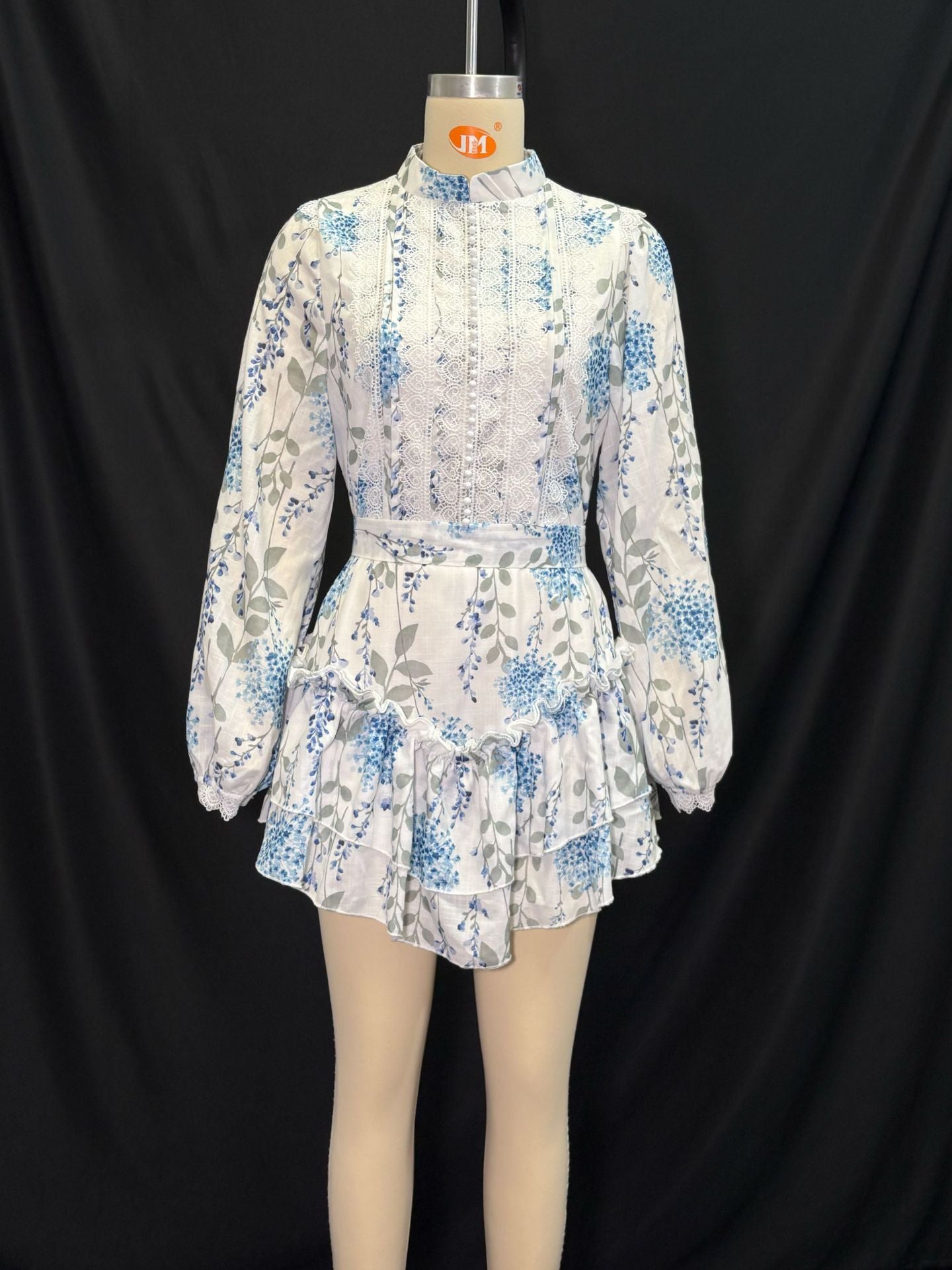 Women summer blue and white printed stand-collar puff sleeve long-sleeved ruffle dress 6
