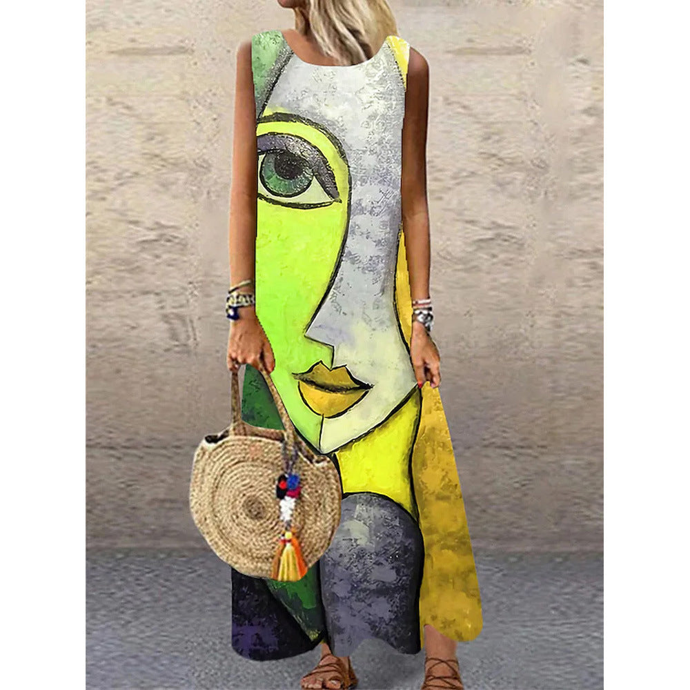 Women Vintage Print Sleeveless Round Neck Maxi Dress 3