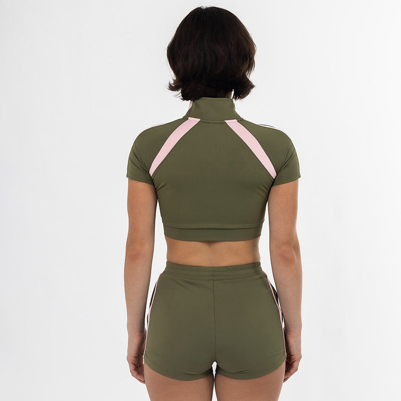 Women spring and summer Turndown Collar Zipper contrast color Top and sports shorts two-piece set 5