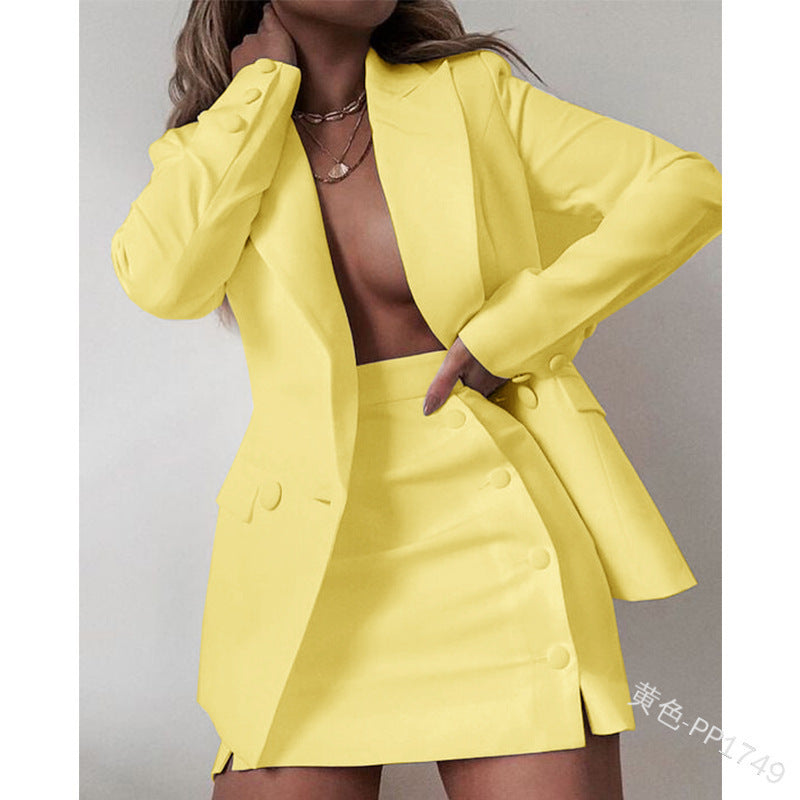 Solid Color Suit Blazer Coat Skirt Two Piece 6