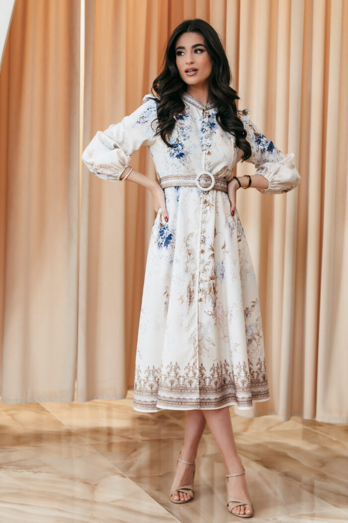 Elegant Print Row Jewelry Button Floral Lantern Sleeve Midi Dress with Belt 10