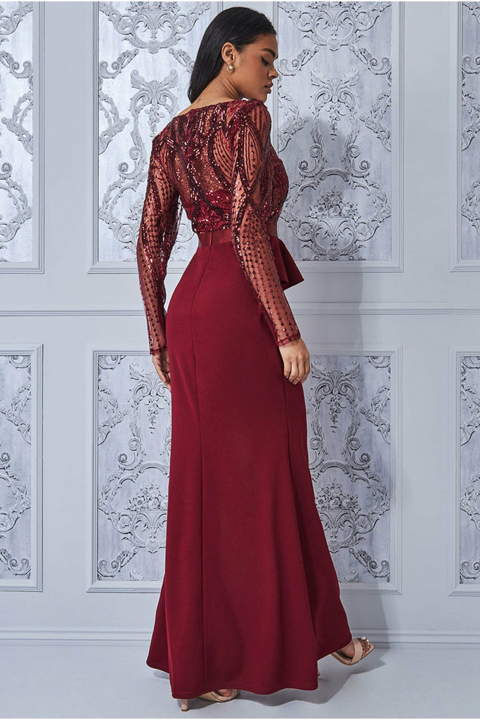 Women Elegant Long Sleeves Sequins Slit Evening Dress 7
