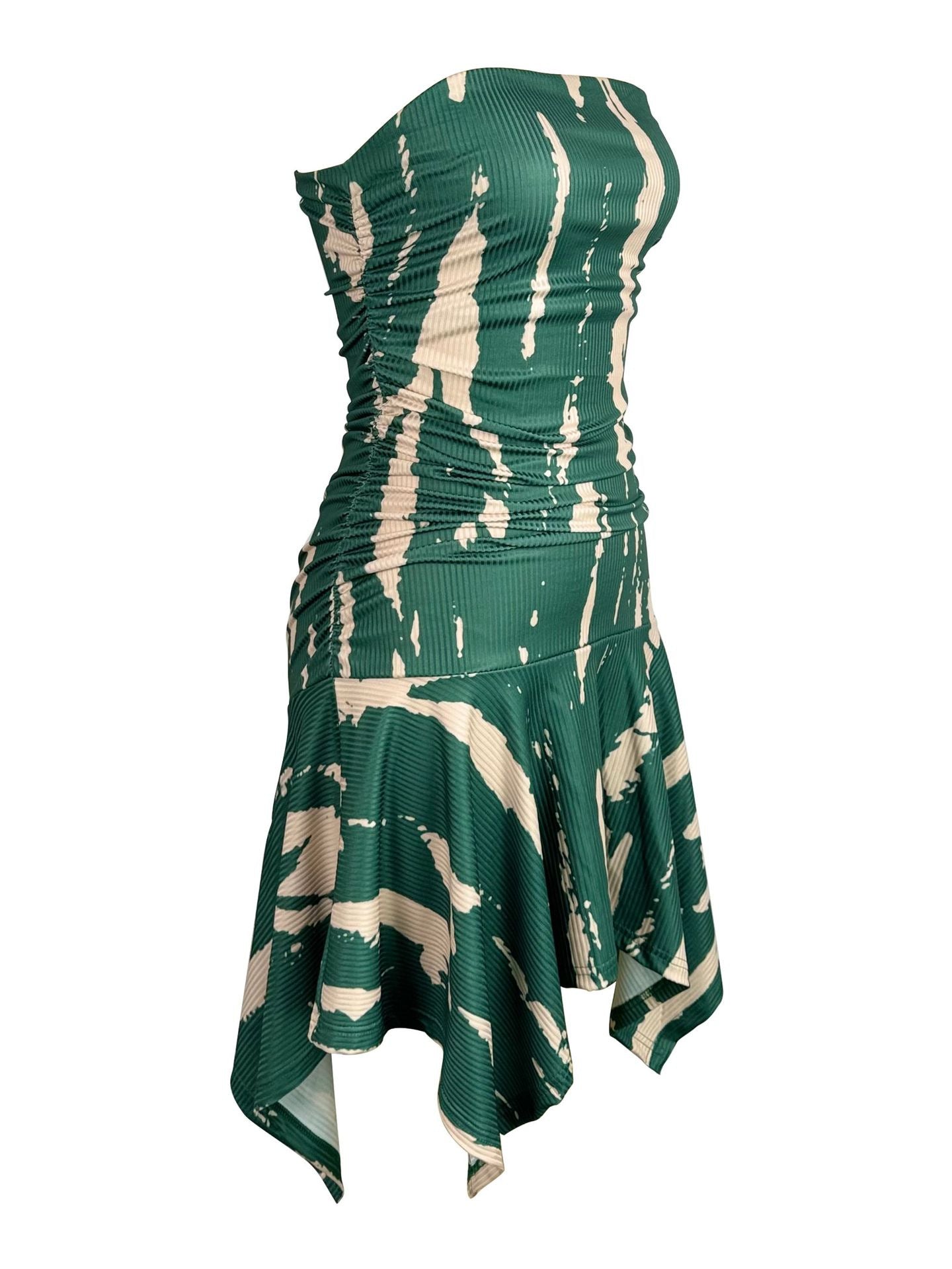 Women's Fashion Sexy Strapless Print Slim Waist Asymmetrical Dress 7