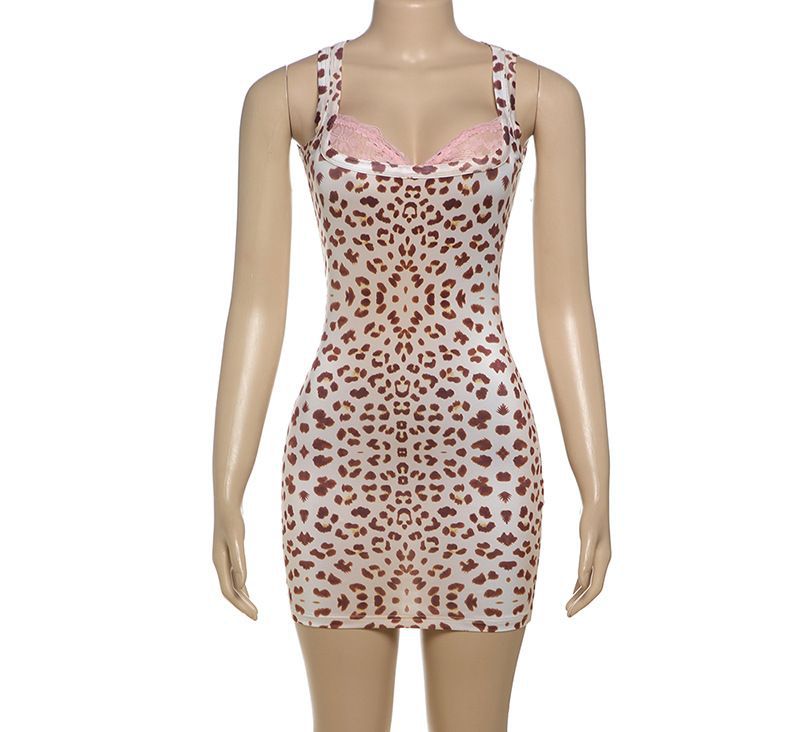 Women Trendy Women Square Neck Sexy Lace Leopard Top and Shorts Two-Piece Set 5