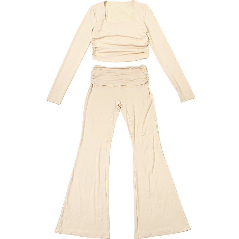 Autumn Fashion Solid Color Casual Square Neck Long-Sleeved Slim Two Piece Pants Set 6