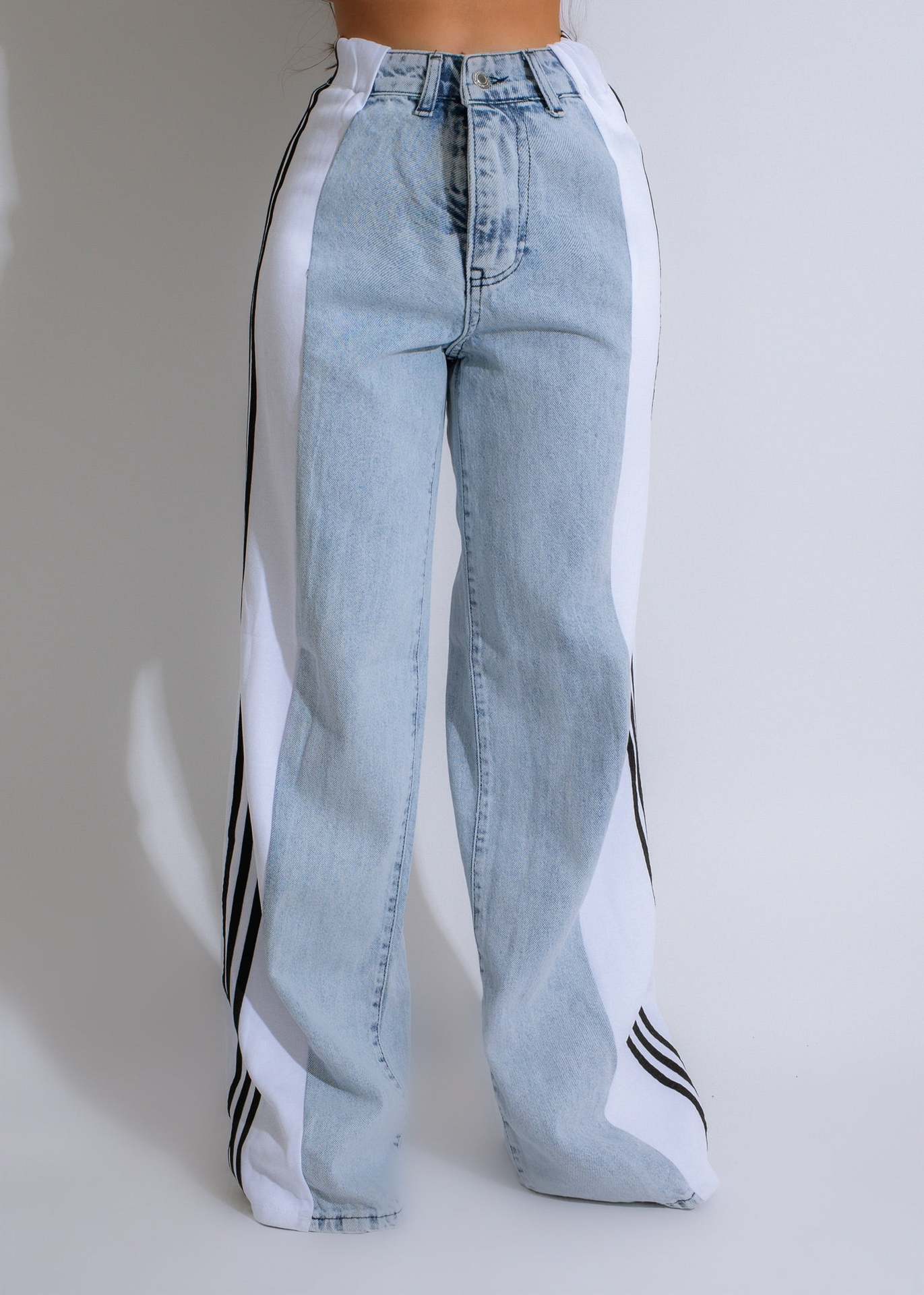 Summer Fashion Patchwork Three Stripes Wide Leg Denim Pants Women's Casual High Waist Stretch Straight Jeans 11